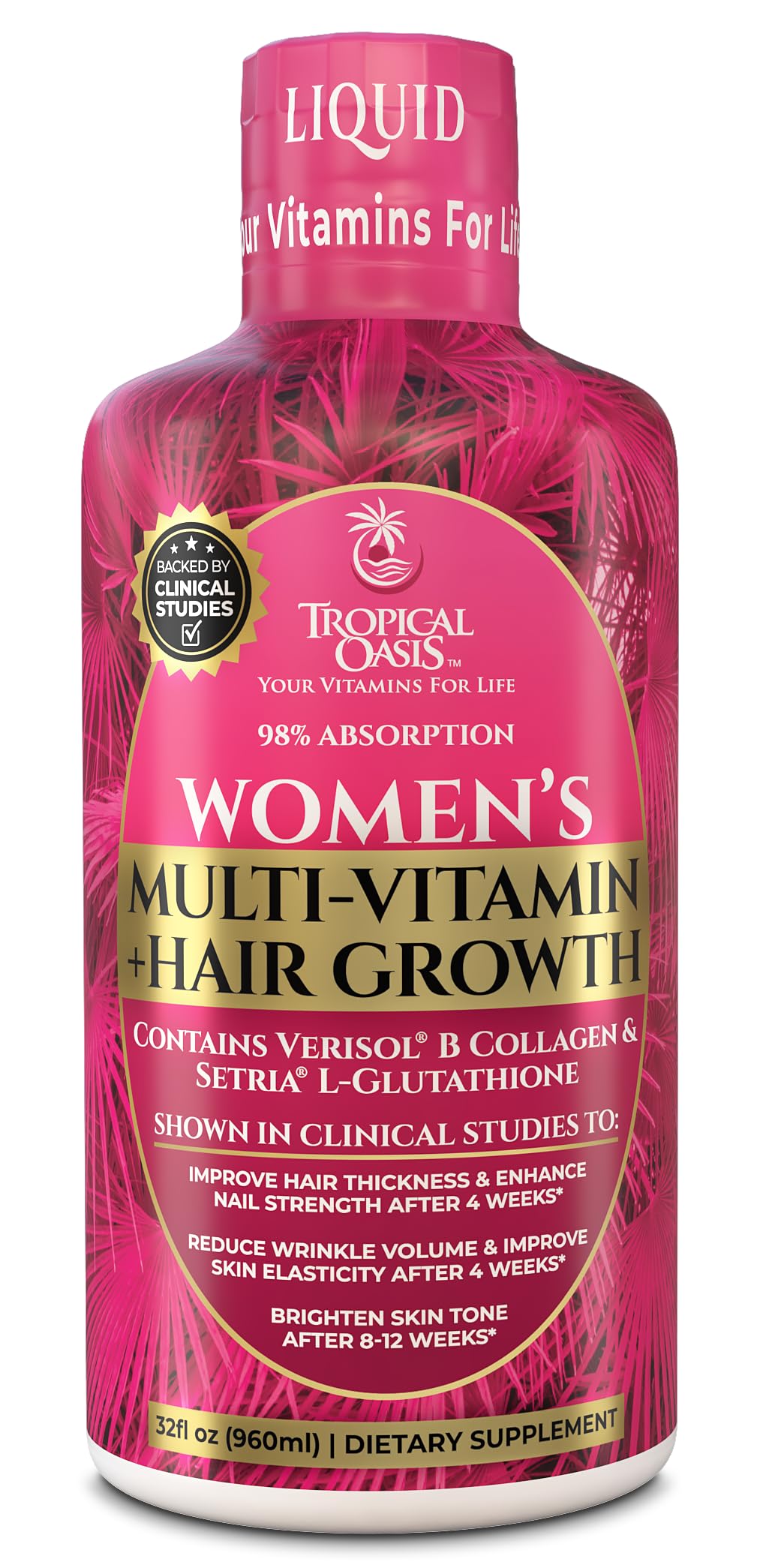 Tropical Oasis Liquid Multivitamin + Hair Growth for Women | Clinically Tested for Thicker Hair, Wrinkles, Brighter Skin, Strong Nails | 2.5g Verisol Collagen | Biotin 12500mcg | 32 Serv