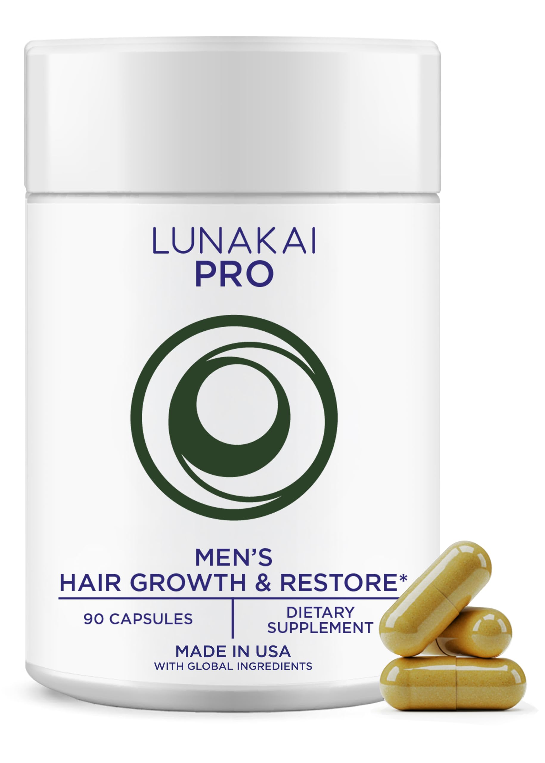 Lunakai USA Made Hair Vitamins for Men - 19 Nutrient with Marine Collagen, Saw Palmetto & Keratin - Daily Hair Loss & Regrowth Support - 90 Capsules
