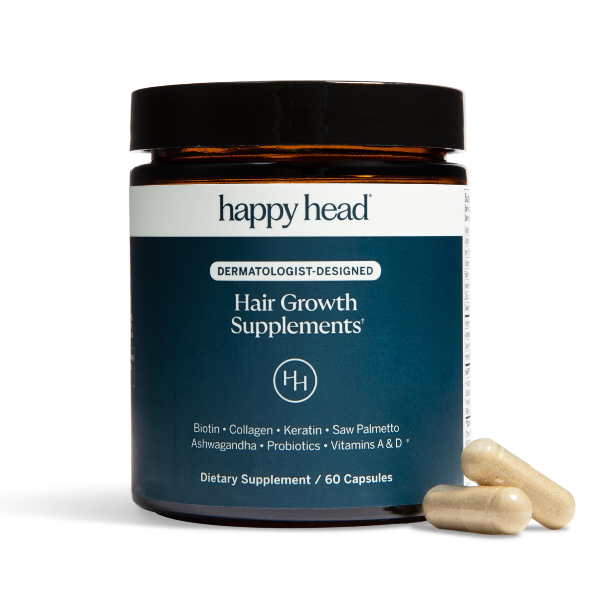 Happy Head Hair Supplement Capsules for Men & Women with Biotin, Collagen, Keratin, Ashwagandha, Vitamins D, Vitamin A, & Saw Palmetto, Daily Hair Care Support Formula, 1 Month Supply, 60 Capsules