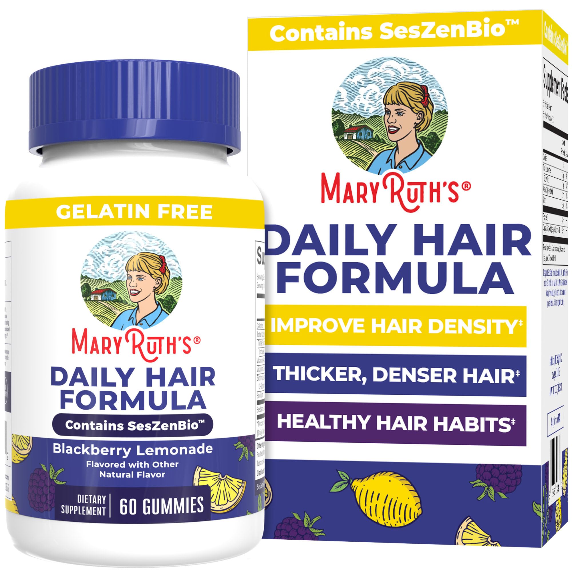 MaryRuth's Daily Hair Formula Gummies | with 500 mg SesZenBio + 2,500 mcg Biotin | Thicker, Denser Hair for Women | Vitamins A & C | Hair, Skin, & Nail Health | Collagen Production | 60 ct