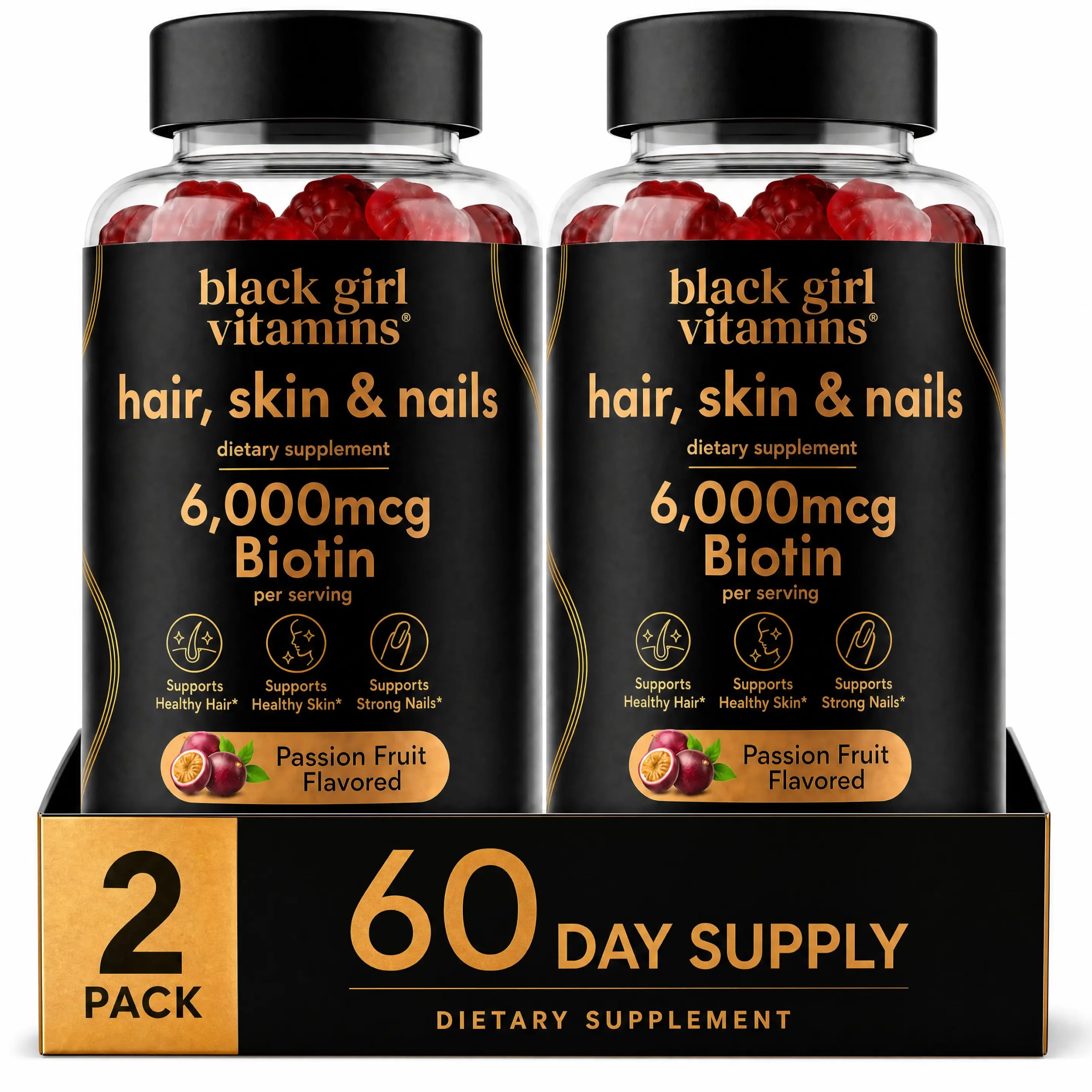 Black Girl Vitamins - Hair, Skin, and Nails Gummies with Biotin (6000 mcg), Zinc, Gelatin Free, Vitamin A, and Vitamin E - Gluten-Free. Made in The USA (Passion Fruit, 120 Count) 60 Day Supply