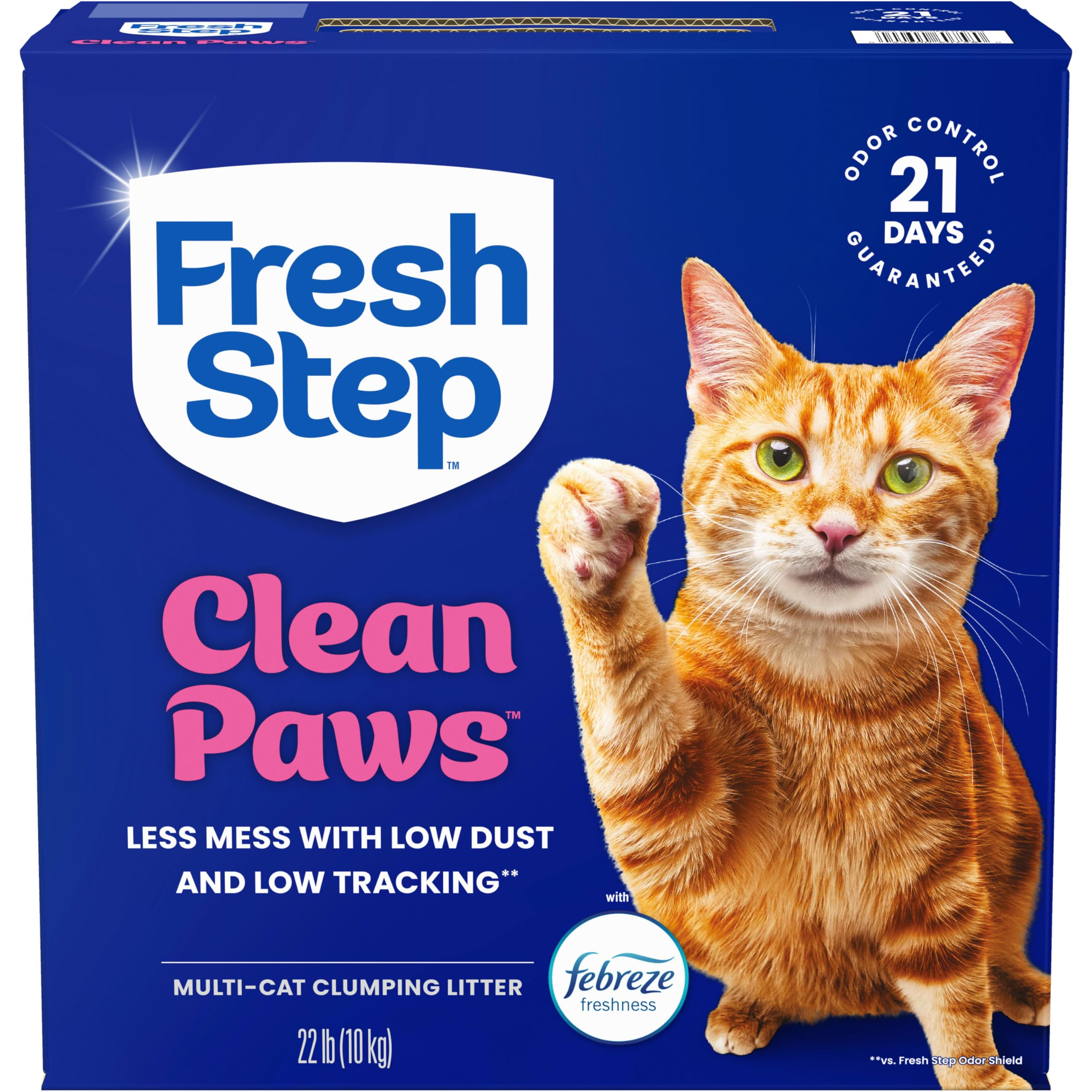 Fresh Step Clean Paws Multi Cat Clumping Litter with Febreze Freshness, Ammonia Block Technology, Low Tracking, 22 lb. Box