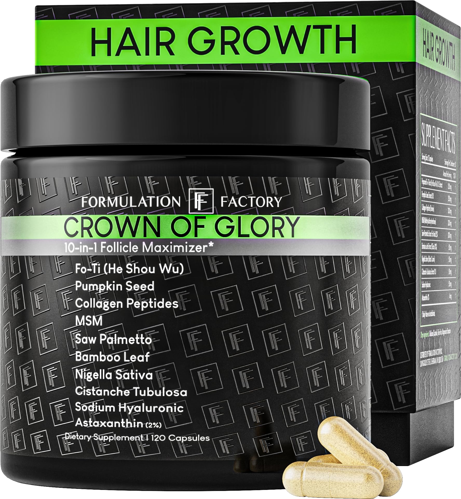 Formulation Factory Crown of Glory 10-in-1 Hair Growth Products - DHT Blocker for Men & Women with Pumpkin Seed Oil - Hair Vitamins for Faster Growth & Thickness - 120 Capsules, 2 Month Supply