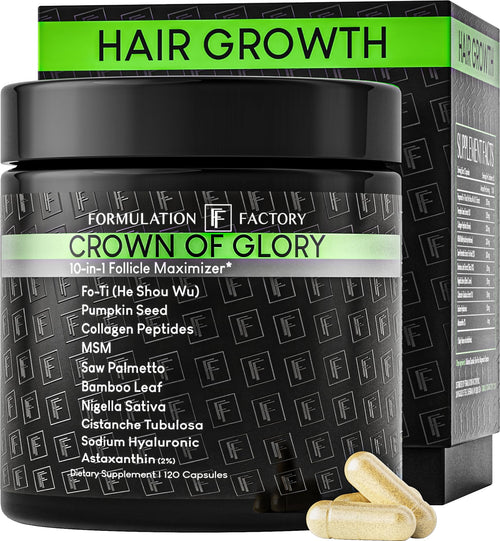 Formulation Factory Crown of Glory 10-in-1 Hair Growth Products - DHT Blocker for Men & Women with Pumpkin Seed Oil - Hair Vitamins for Faster Growth & Thickness - 120 Capsules, 2 Month Supply
